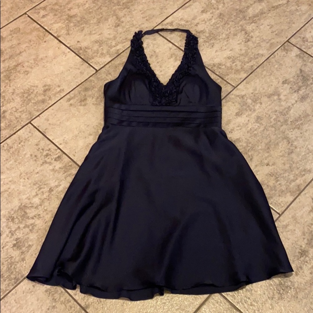 NW Collections navy blue v neck halter dress